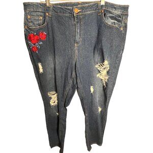 Almost famous midrise blue jeans size 20 embroidered distressed, straight leg